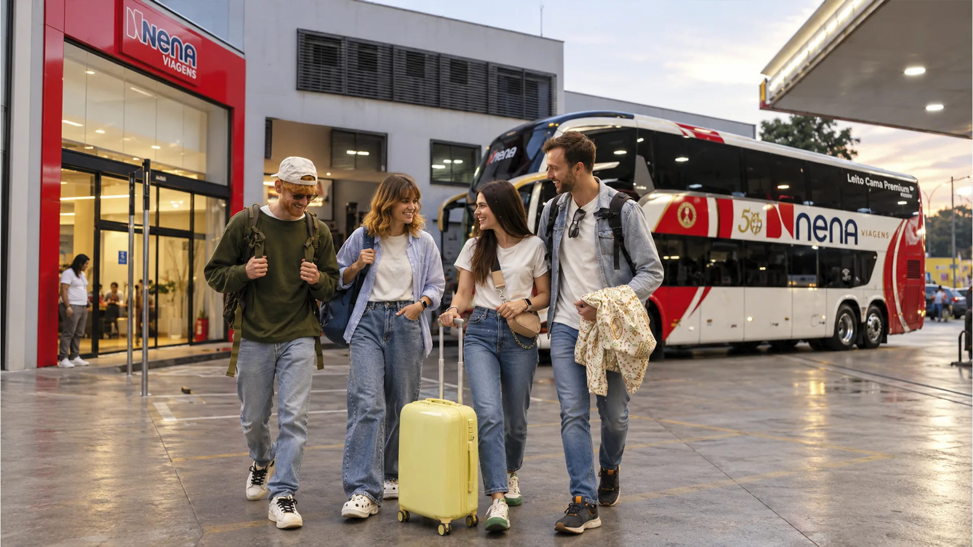 Grupo de passageiros com malas saindo da garagem da Nena Viagens, com o ônibus ao fundo